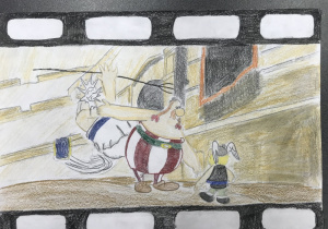 Kadr z filmu animowanego :”Asterix i Obeliks”. Asterix i Obelix uciekają prze Rzymianinem. Kadr wykonany w technice rysunkowej.